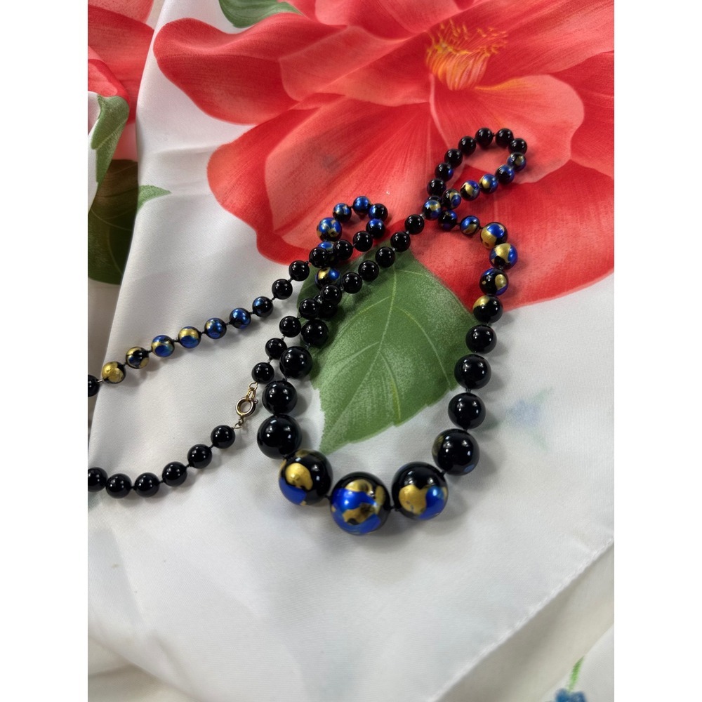 Vintage Black Blue Gold Splatter Art Glass Beaded Graduated Necklace 28 Inch‎ - Picture 6 of 7